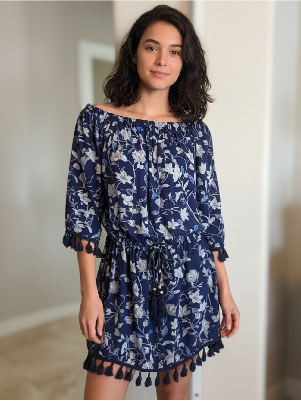 Blue Island Off-the-Shoulder Navy Floral Tassel Dress Size Small